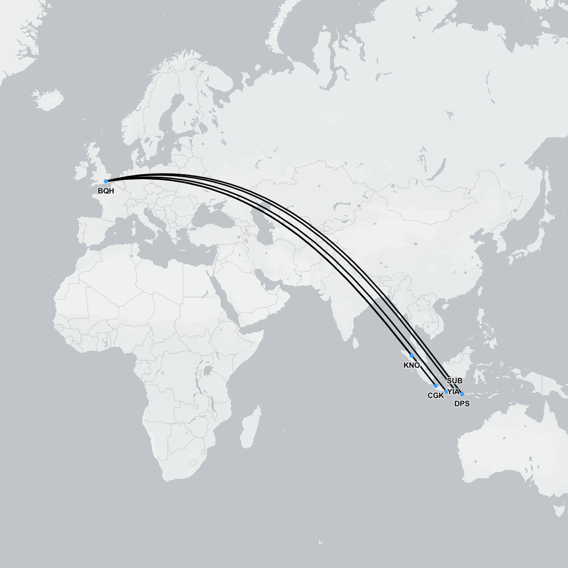 Private air ambulance from Indonesia with route map from Bali to London – medical repatriation with CME and stretcher service