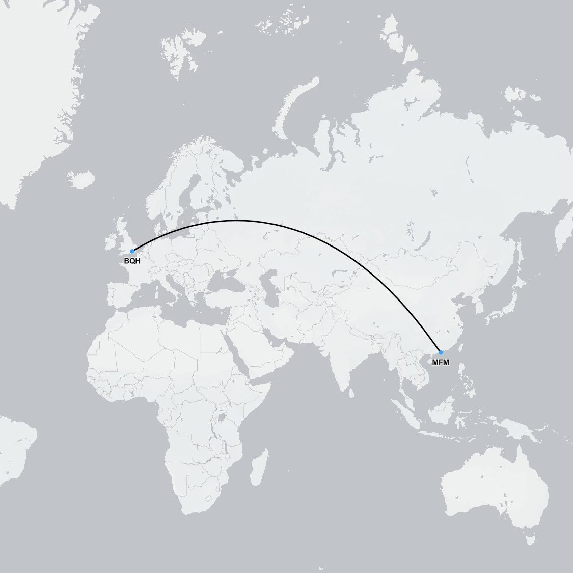 Flight route for bed-to-bed medical transfer from Macau to London