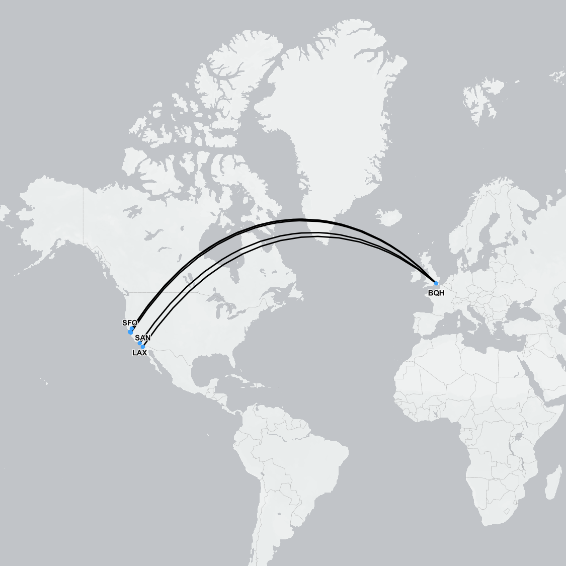 Medical flight route map from California to the United Kingdom with key air ambulance hubs