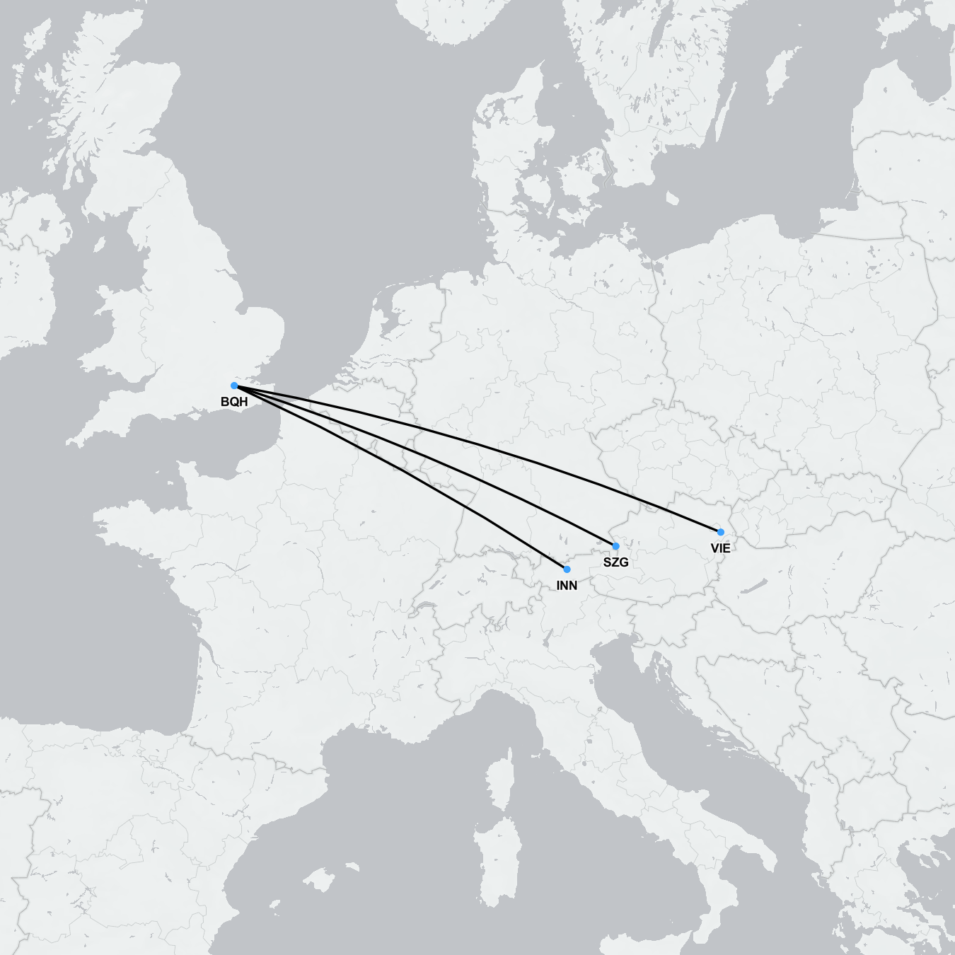 Flight route map showing emergency evacuation from Austrian ski resorts to the UK