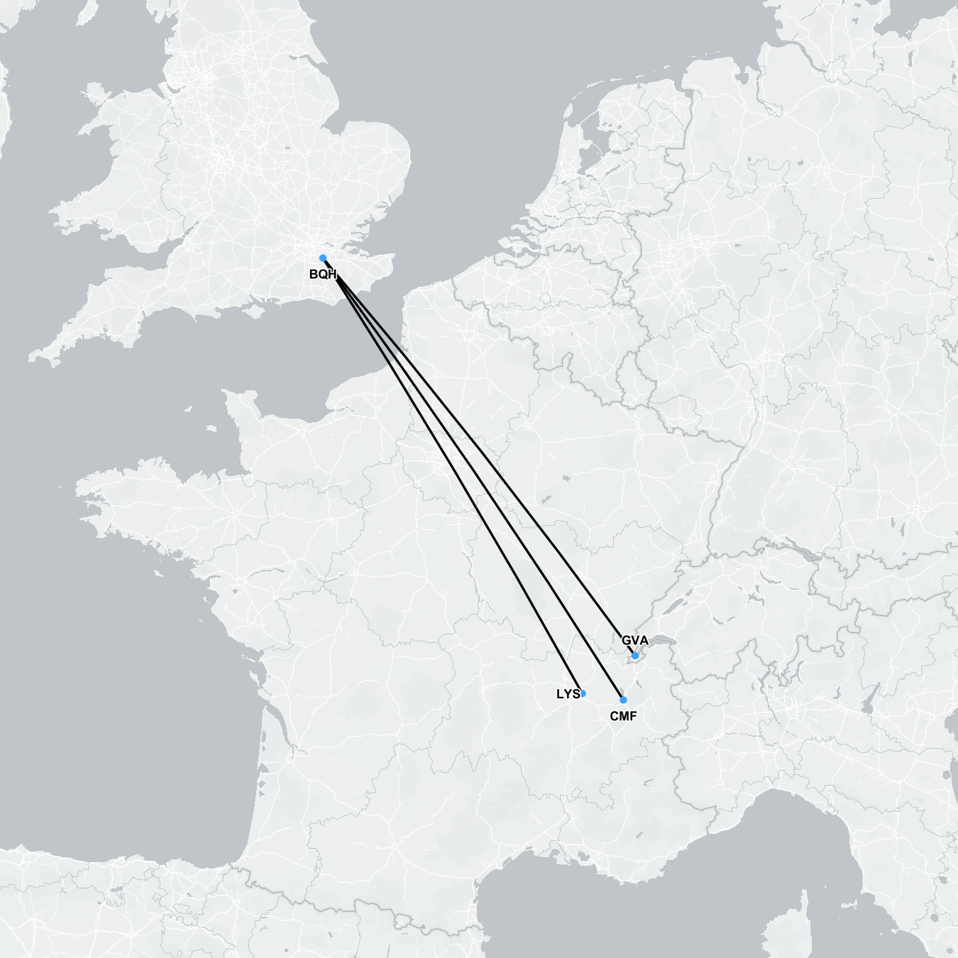 Flight route map showing emergency evacuation from French ski resorts to the UK