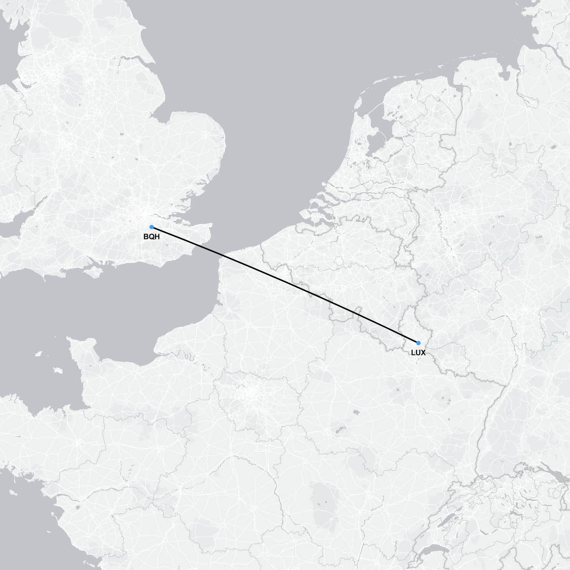 European medevac flight route from London to Luxembourg for medical transfer