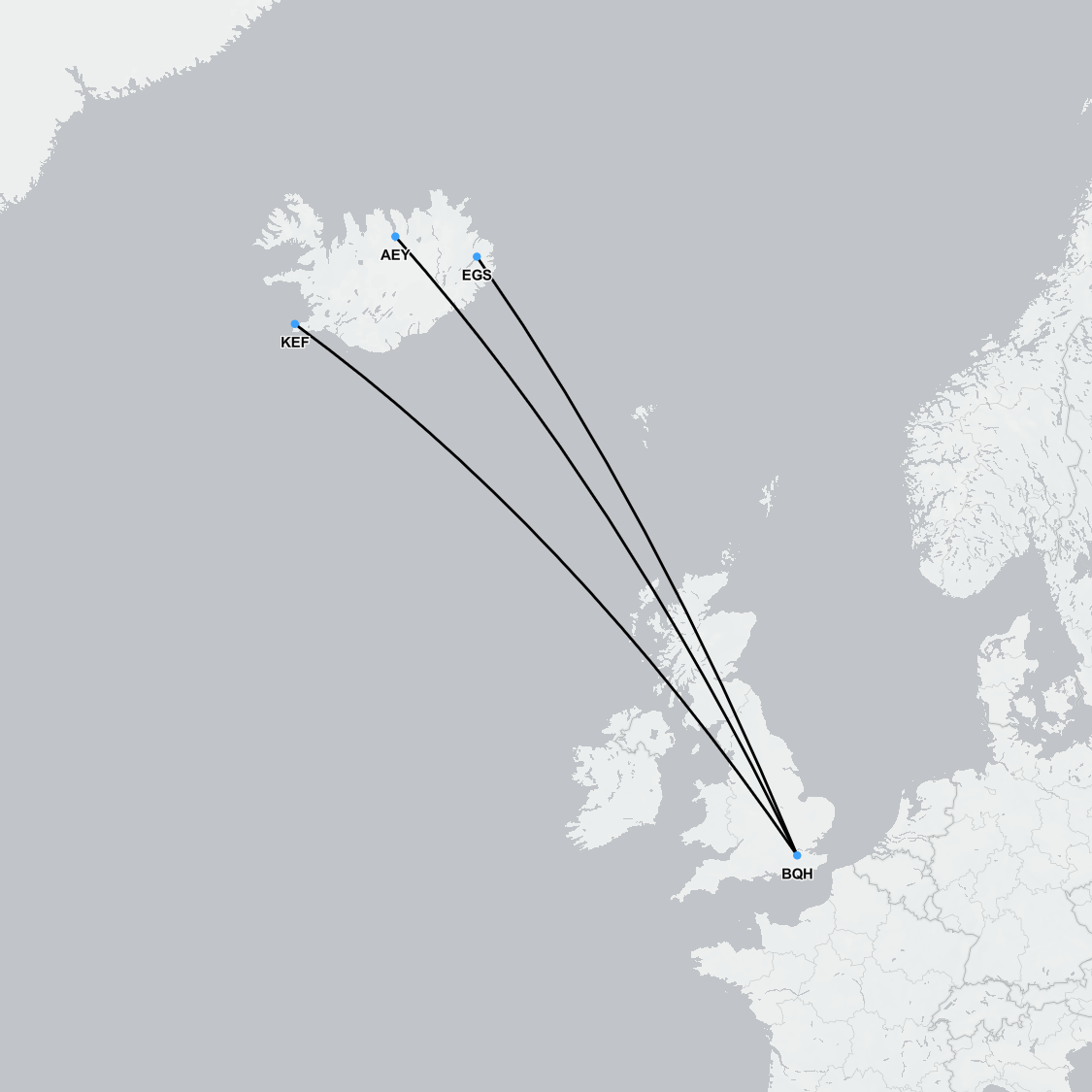 Map showing air ambulance flight route from Iceland to London for urgent medical repatriation