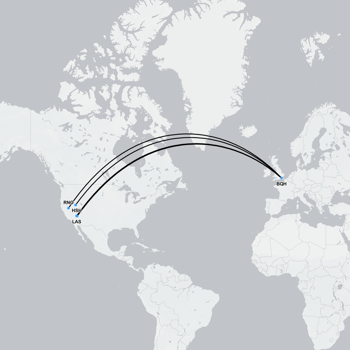 Flight route showing long-distance air ambulance from Nevada to the UK with SkyCare
