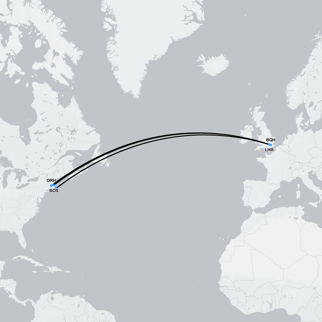 Flight route from Boston to London showing medical evacuation path for SkyCare repatriation services