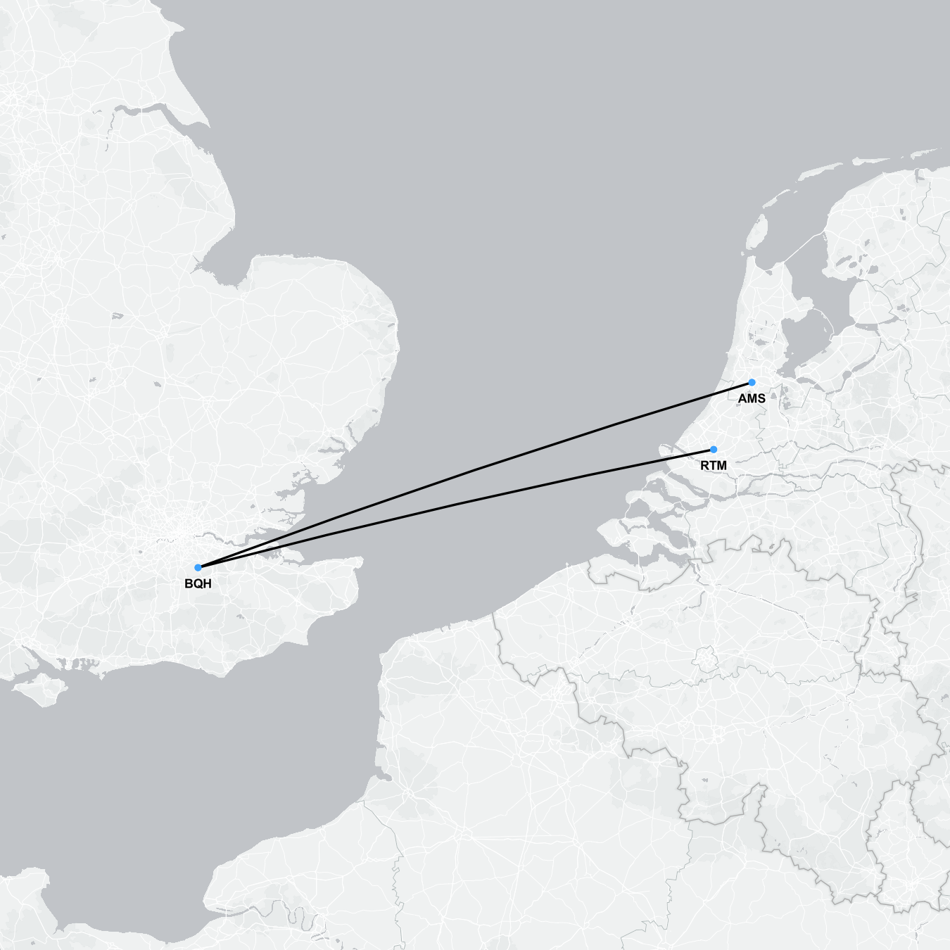 Route map of medical evacuation flights from Amsterdam to the UK showing air ambulance routes