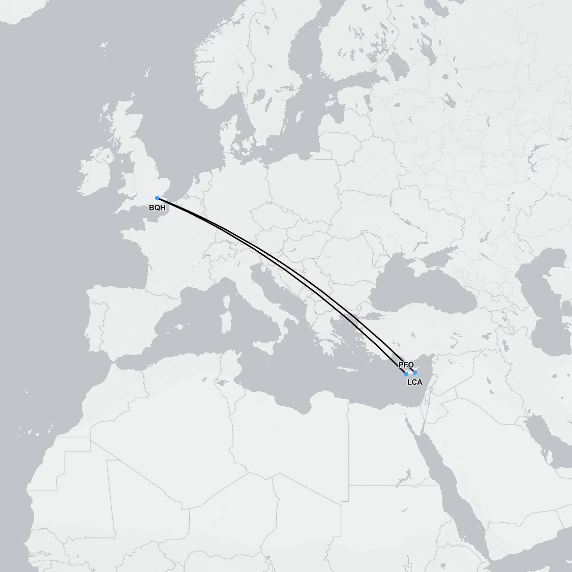 Private air ambulance from Cyprus to London flight route map with medical aircraft