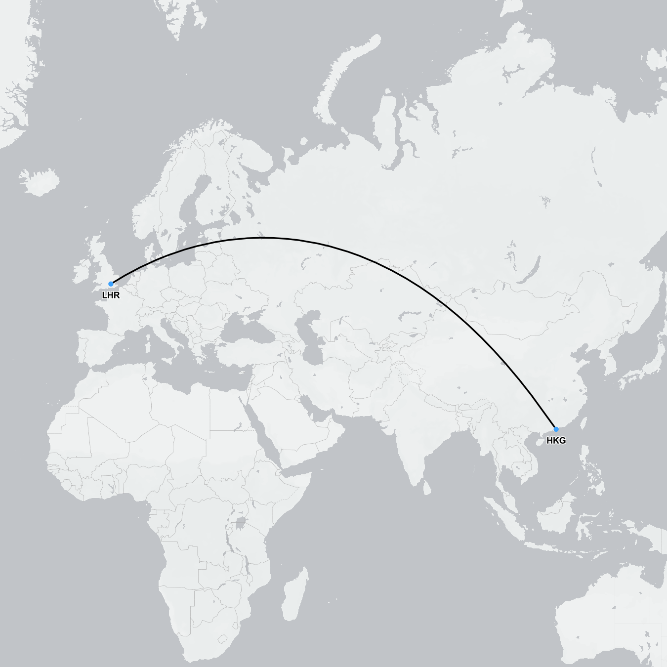 Flight route for private hospital transfer from Hong Kong to London