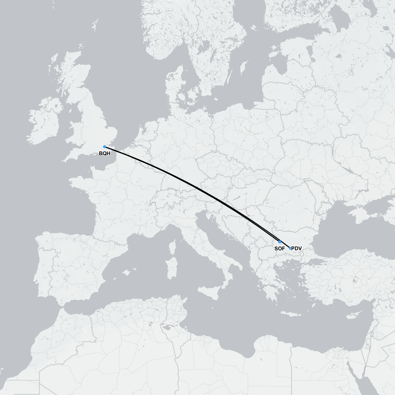 Map showing ski injury repatriation flight routes from Sofia and Plovdiv in Bulgaria to London, UK