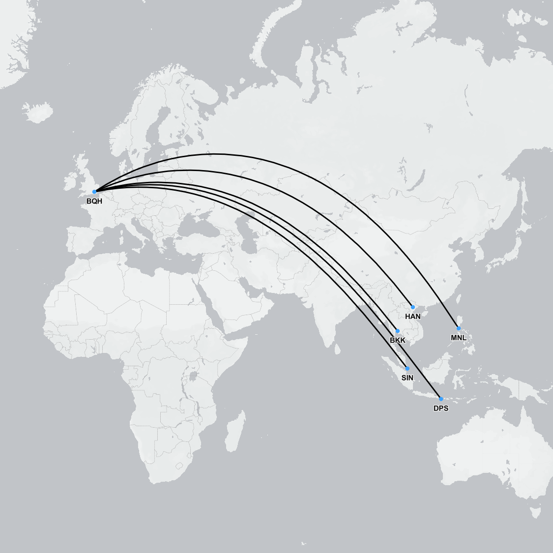 Flight path showing medical repatriation route from Southeast Asia to the United Kingdom by air ambulance