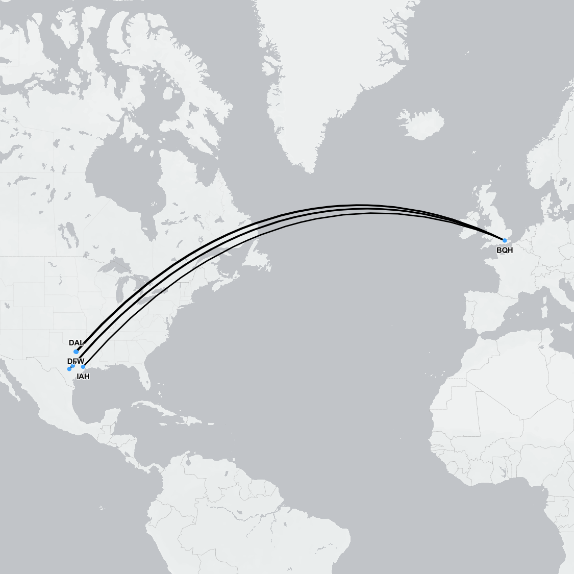 Map showing medical flight route from the UK to Texas for urgent patient repatriation and air ambulance missions