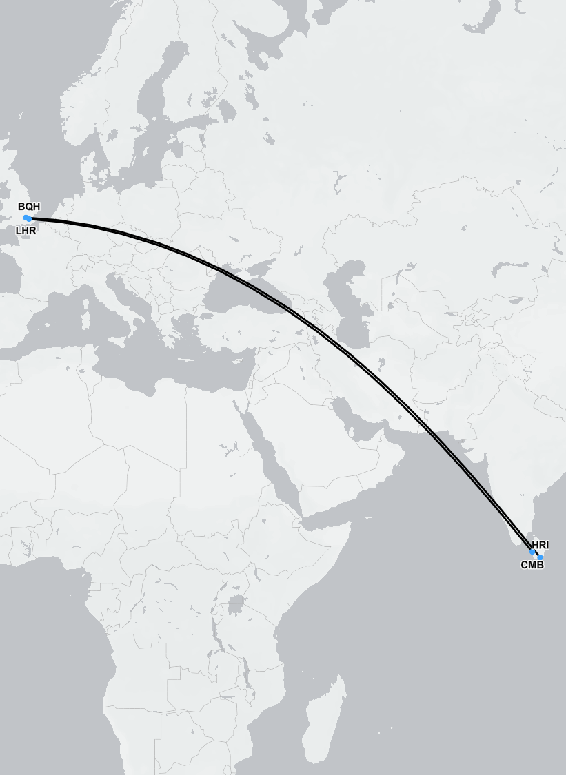Flight route map showing air ambulance medical transport from Sri Lanka to London, used for emergency repatriation