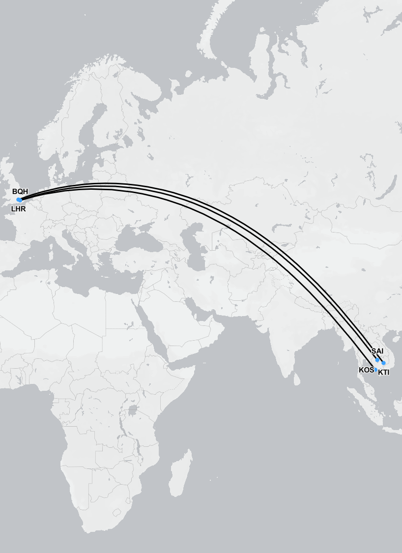 Air ambulance flight route map from Cambodia to the UK for medical repatriation