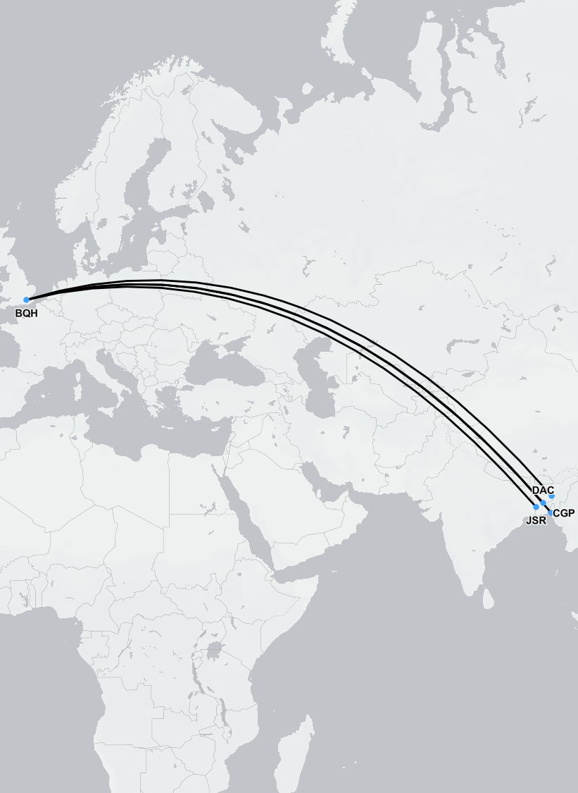 Flight path from Dhaka, Bangladesh to London, UK for medical repatriation