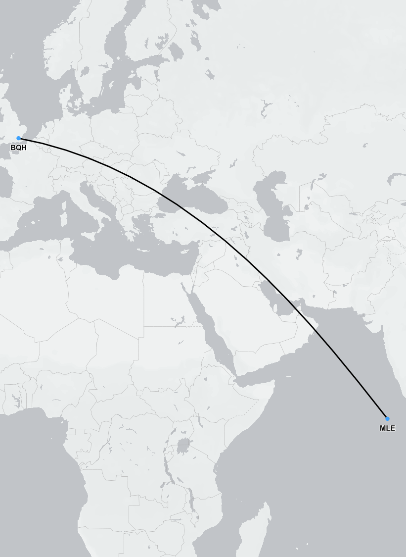 Map showing the air ambulance flight route from Velana International Airport in Malé, Maldives to London, United Kingdom