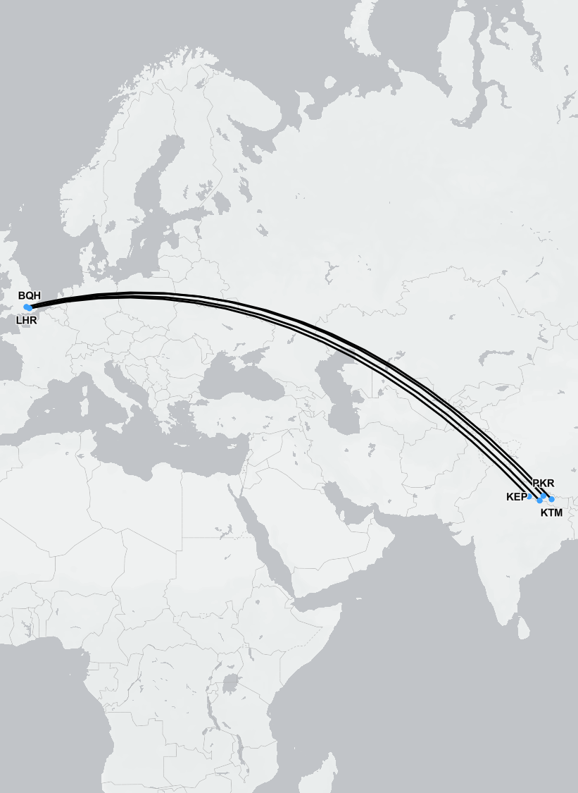 Flight route map showing medical evacuation from Nepal to London for air ambulance and stretcher repatriation
