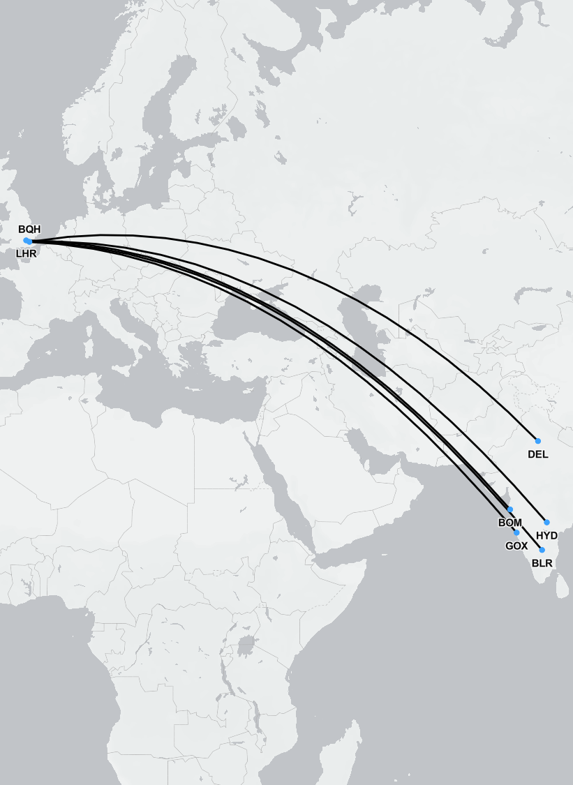 Flight route map showing air ambulance and medical repatriation path from India to the UK