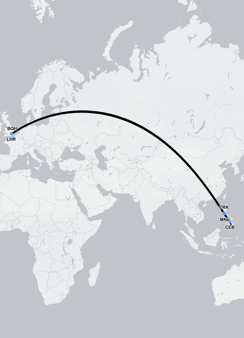 Air ambulance flight route map from The Philippines to the UK showing medical repatriation path