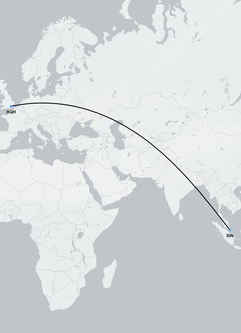 Private air ambulance route from Singapore to London shown on digital map with medical icons