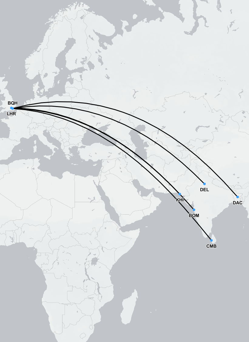 Flight map showing medical repatriation routes from South Asia to the UK and Europe