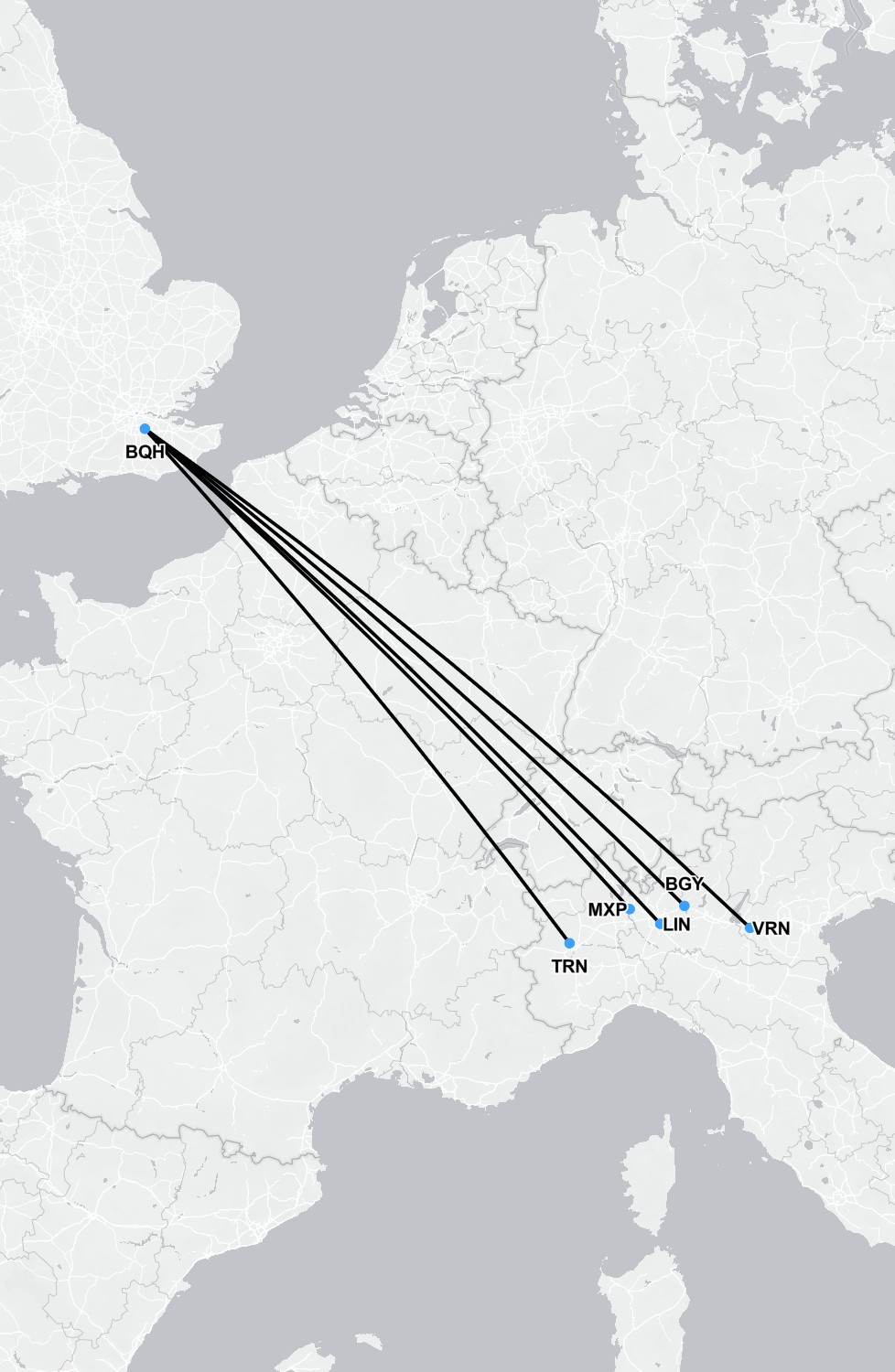 Map showing air ambulance repatriation routes from Italy to the UK after ski accidents, with departure points including Turin, Bergamo, and Milan