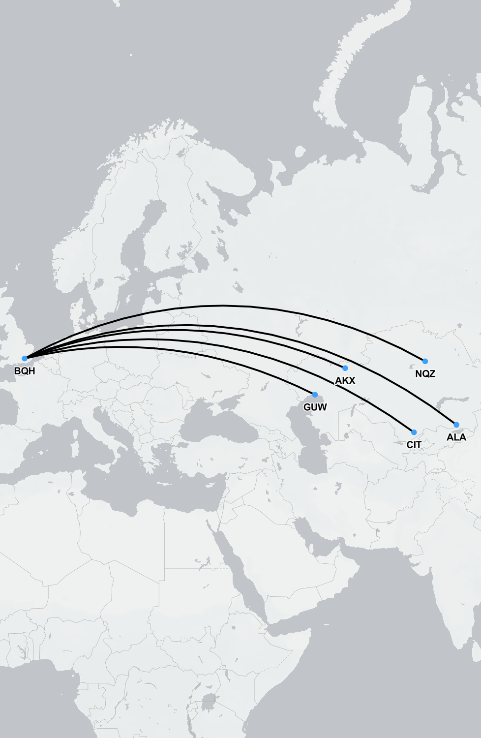 Flight route map from Kazakhstan to the UK for medical repatriation and air ambulance services