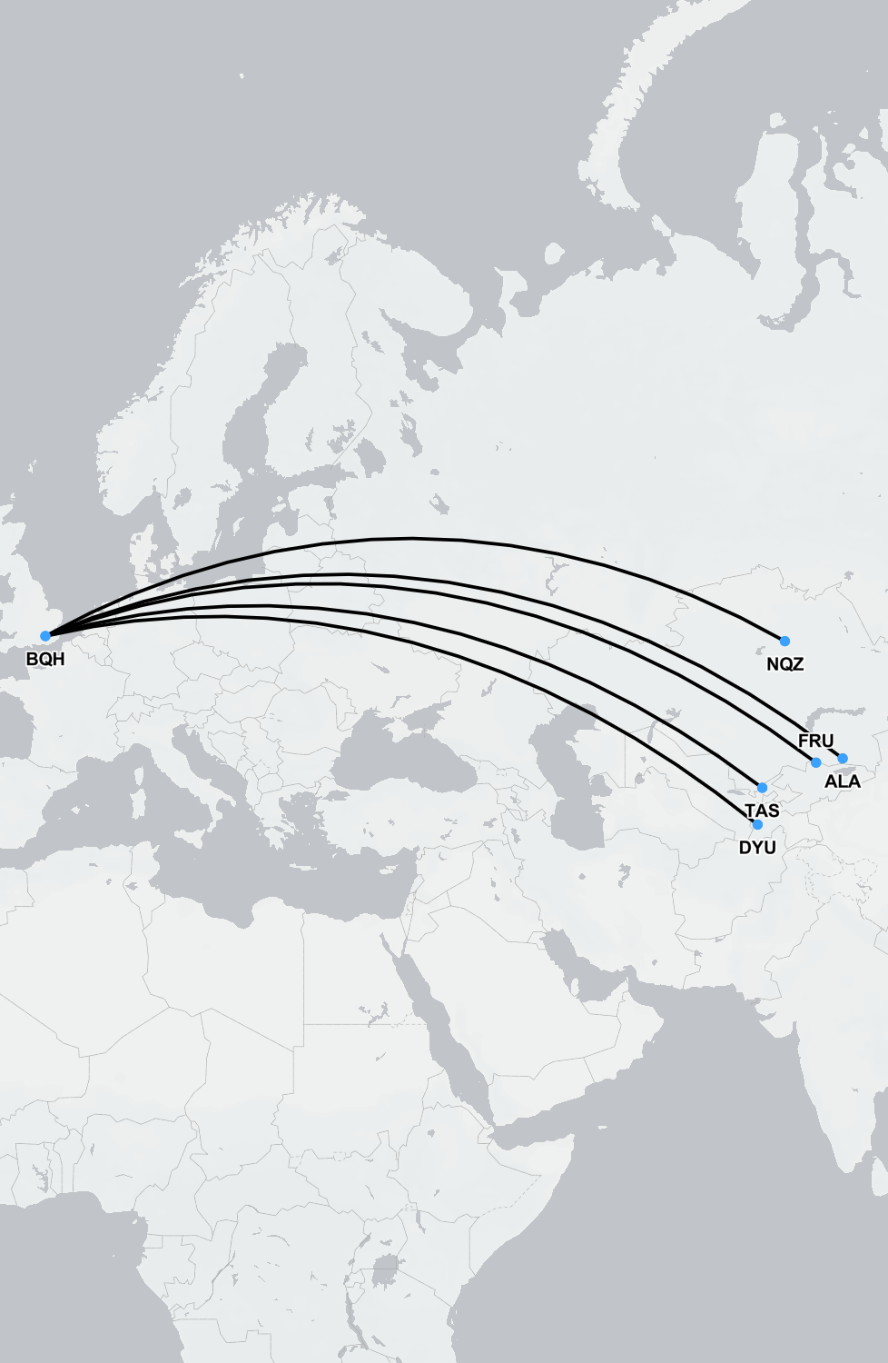Map showing typical air ambulance flight route from Central Asia to the UK with SkyCare, including departure points like Almaty and Tashkent