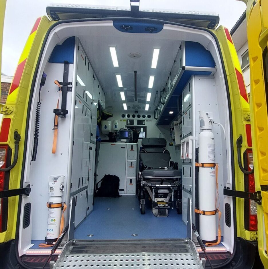 ALS ambulance in the UK with paramedic crew and emergency medical equipment for unstable patients 