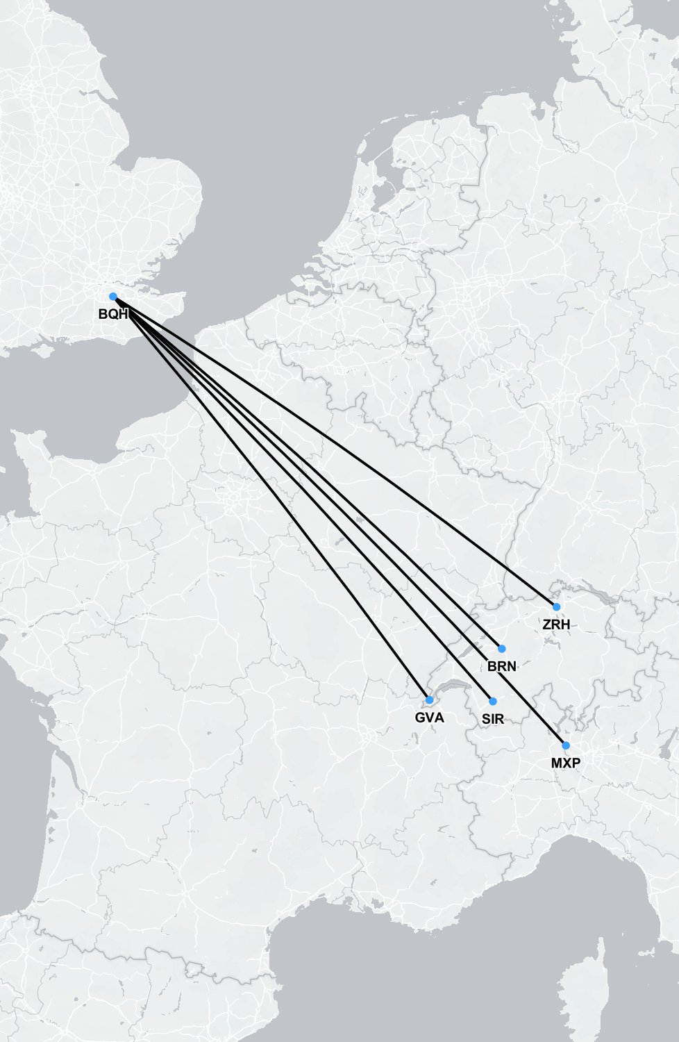 Map showing air ambulance repatriation routes from Sion, Geneva, Zurich, and Bern airports in the Swiss Alps to London.