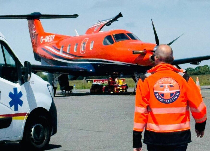 Air ambulance on the runway at El Hierro Airport, ready for medical evacuation to the UK 