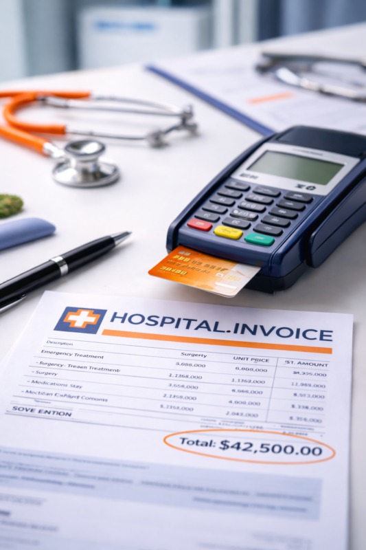 Hospital invoice showing $42,500 due for emergency treatment abroad, with credit card machine beside it