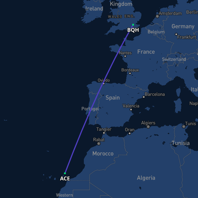 Flight route map showing air ambulance transfer from London to Lanzarote Airport (ACE) for medical repatriation