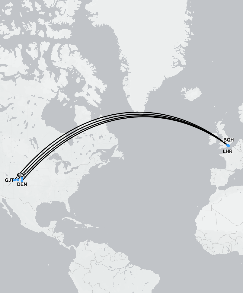 Map showing medevac flight route from Colorado to the UK for emergency medical repatriation