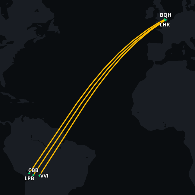 Medevac from Bolivia – Air ambulance route map showing medical repatriation from Bolivia to the UK