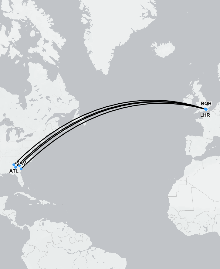 Medevac flight route from Georgia USA to the UK, showing air ambulance and repatriation path