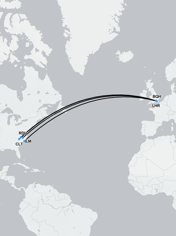Flight path showing medevac route from North Carolina to the UK, used in urgent medical repatriation cases