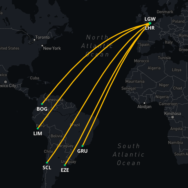 Route map showing medevac flight paths from South America to the UK and Europe.