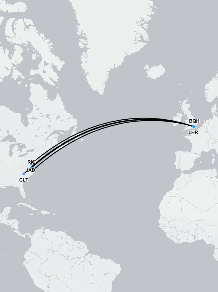 Medevac flight route map from Virginia to the UK, showing typical air ambulance and medical escort paths.