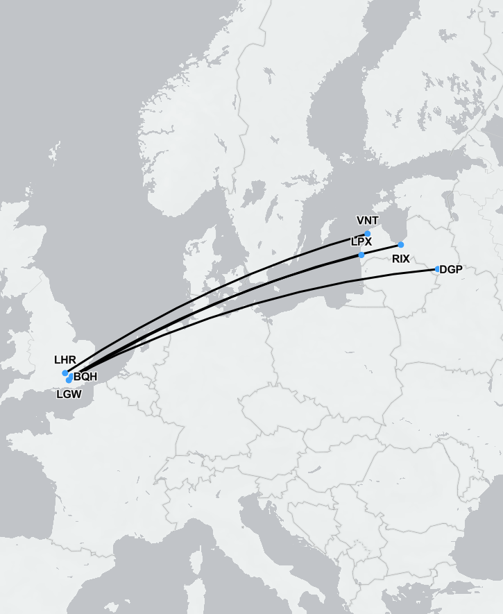 Medical evacuation flight route from Latvia to the UK for air ambulance and repatriation services