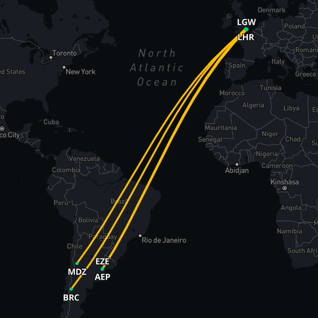 Route map showing medical flight paths from Argentina to the UK, including air ambulance and stretcher flight routes.