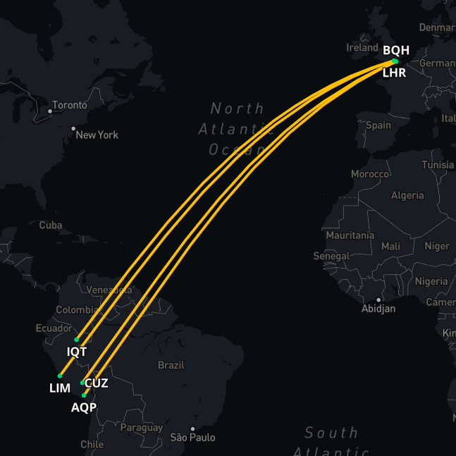 Map showing medical flight route from Lima, Peru to London, UK with air ambulance overlay