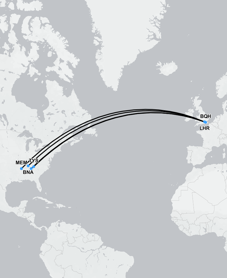 Route map showing medical flights from Tennessee to the UK operated by SkyCare