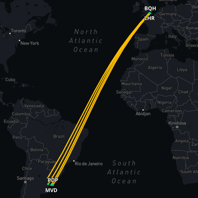 Map showing medical flight route from Uruguay to the UK for patient repatriation