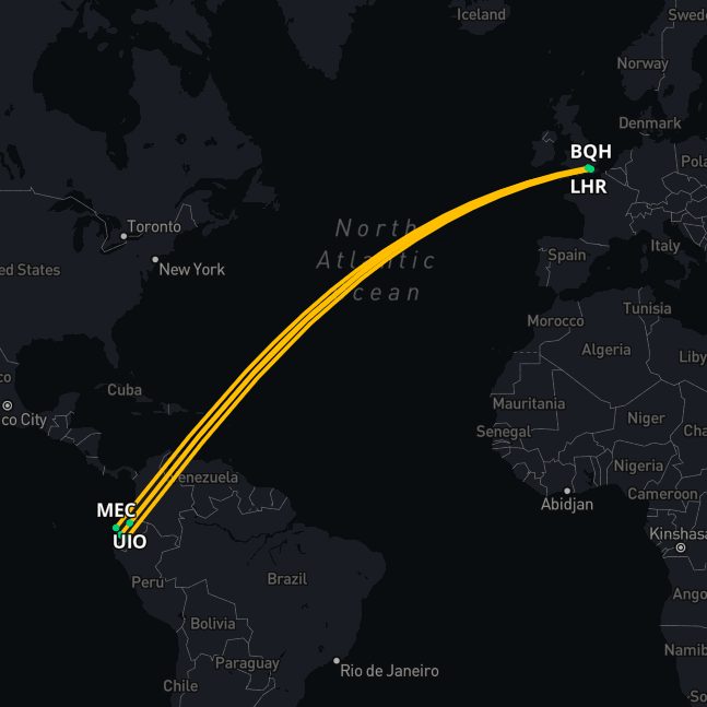 Medical repatriation services Ecuador – international flight route map showing air ambulance and medical escort routes from Ecuador to the UK