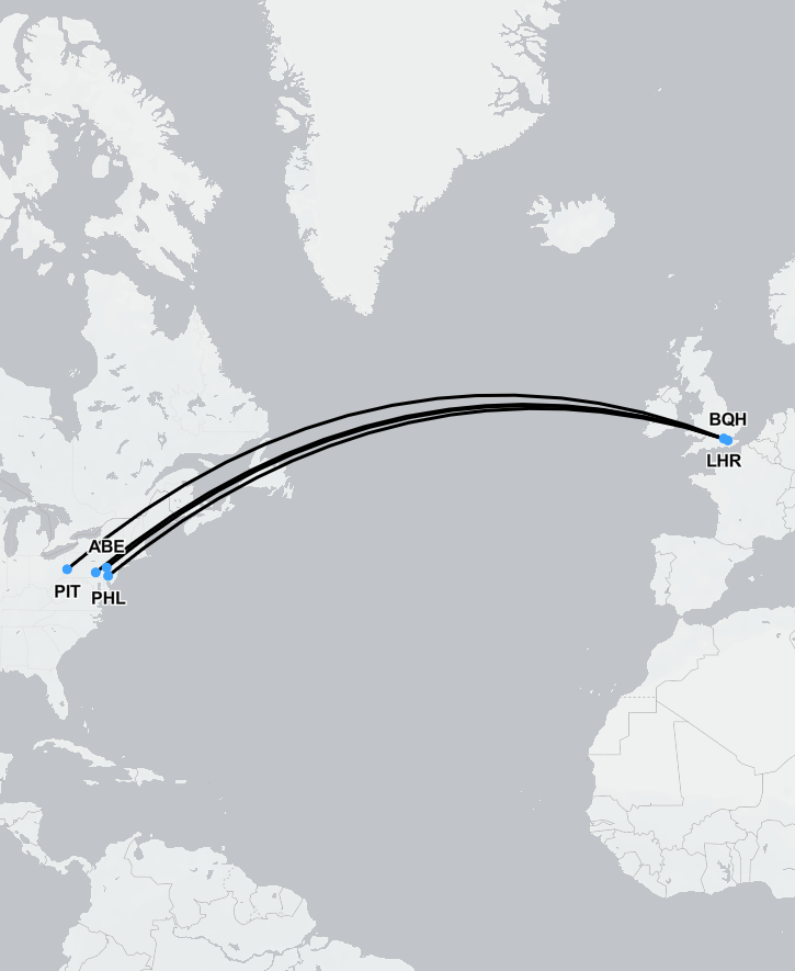 Route map showing medical transport flights from Pennsylvania to the UK