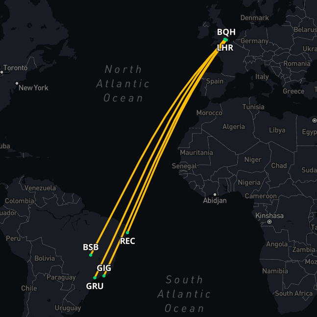 Repatriation services Brazil – Air route map showing medical evacuation paths from Brazil to the UK