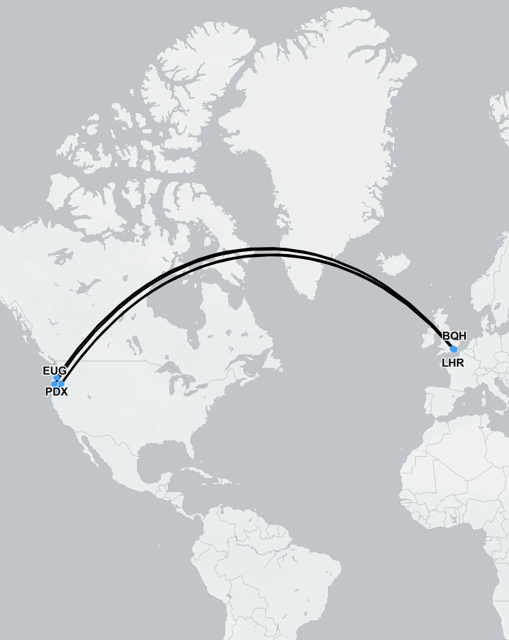 Flight route map showing an air ambulance transfer from Oregon to the UK.