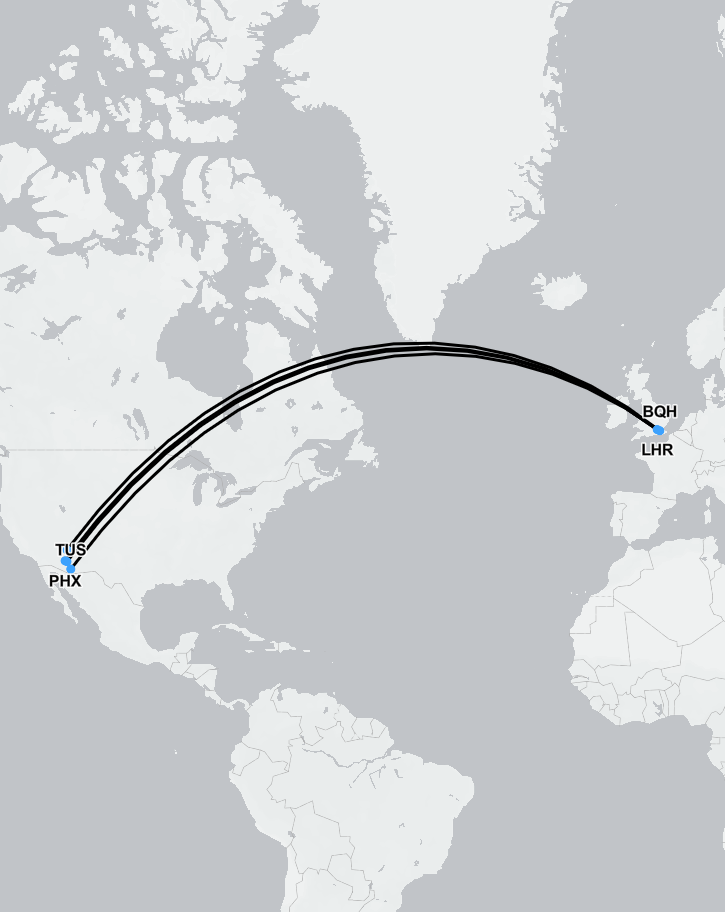 Flight route map showing typical medevac paths from Arizona to the UK for urgent medical repatriation.