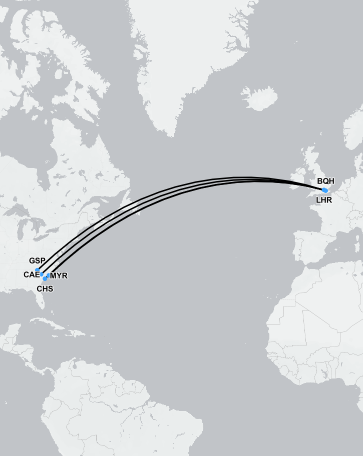 Map showing medevac flight route from South Carolina to the UK