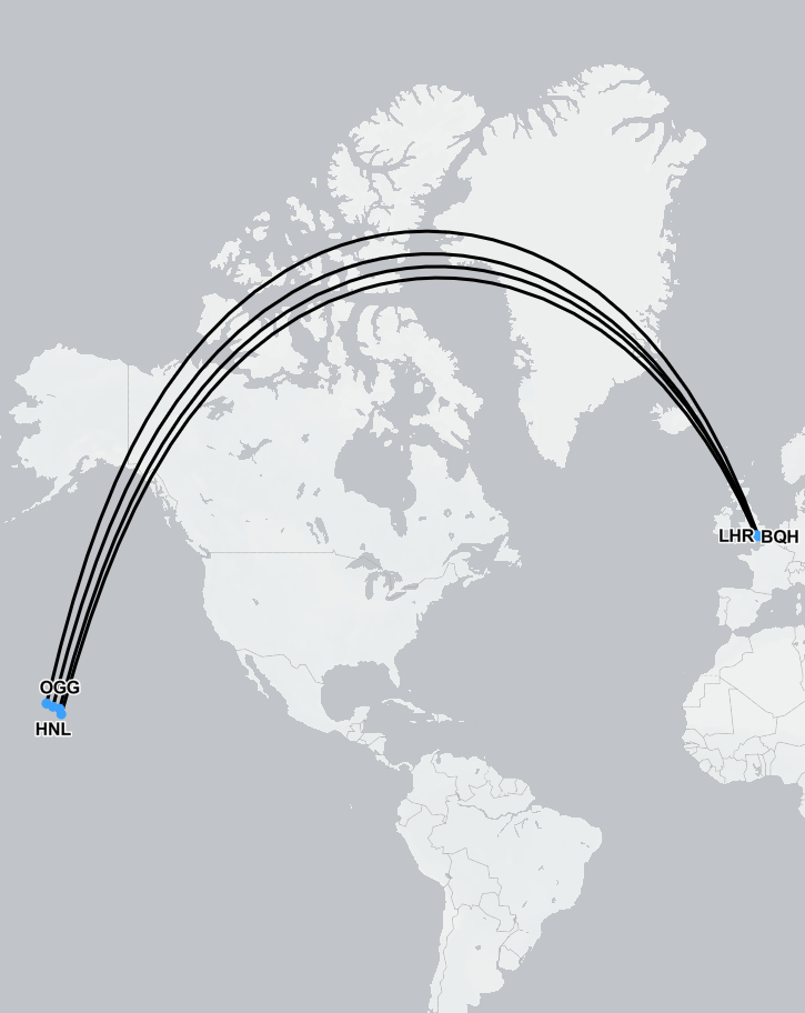 Route map showing medevac flight path from Hawaii to the United Kingdom